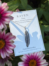 Load image into Gallery viewer, Hand-engraved Raven Feather Necklace on a sterling silver chain.

