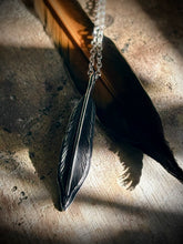Load image into Gallery viewer, Hand-engraved sterling silver flicker feather pendant with a sterling silver chain.

