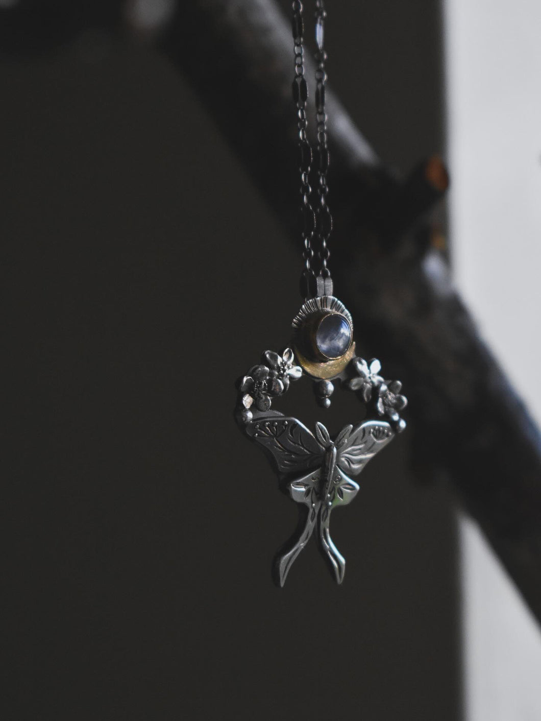 Luna Moth & Yarrow, Forget-Me-Not Blossoms - Sapphire