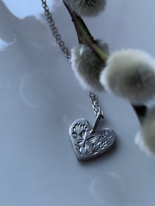 Silver Heart Necklace -Butterfly, Lavender & Wild Plants-A