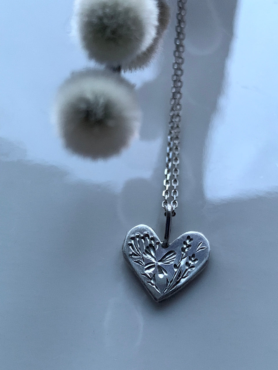 Silver Heart Necklace -Butterfly, Lavender & Wild Plants-A