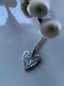 Silver Heart Necklace -Butterfly, Lavender & Wild Plants-B