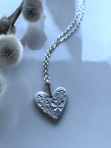 Silver Heart Necklace -Butterfly, Lavender & Wild Plants-B