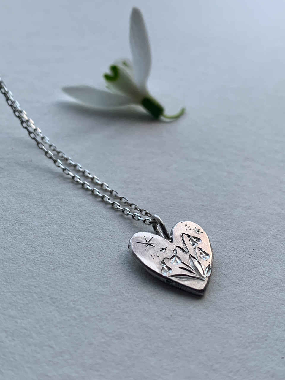 Silver Heart Necklace -Snowdrop - A