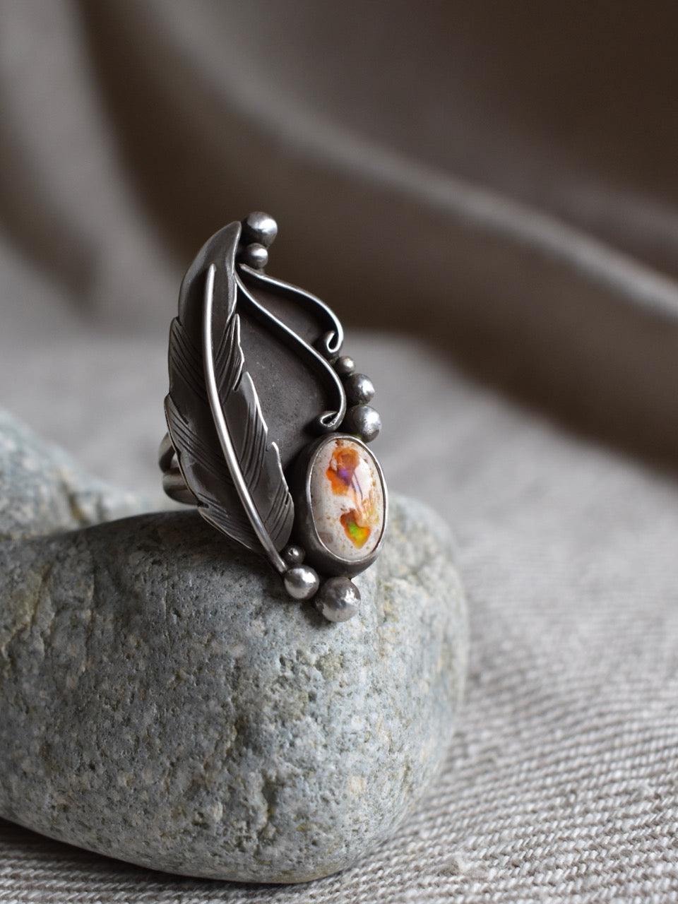 Fire Opal & Feather Ring