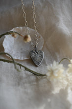 Load image into Gallery viewer, hand engraved flower and bird silver heart necklace 
