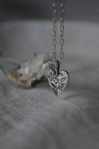 Silver Heart Necklace -Forget me not + Hummingbird - 368