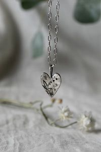Silver Heart Necklace -Lily of the valley + Hummingbird - 364