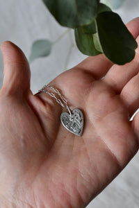 Silver Heart Necklace -Lily of the valley-Hummingbird + CZ- 372
