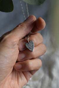 Hand engraved forget me not and hummingbird silver heart pendant necklace for sale Canada