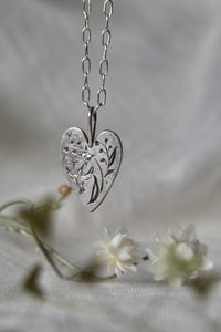 Silver Heart Necklace -Lily of the valley-Hummingbird + CZ- 372