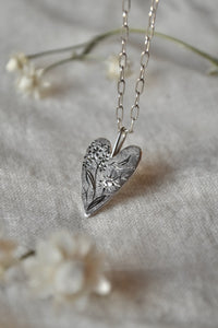 silver heart pendant necklace, hand engraved forget me not & hummingbird with a clear cz