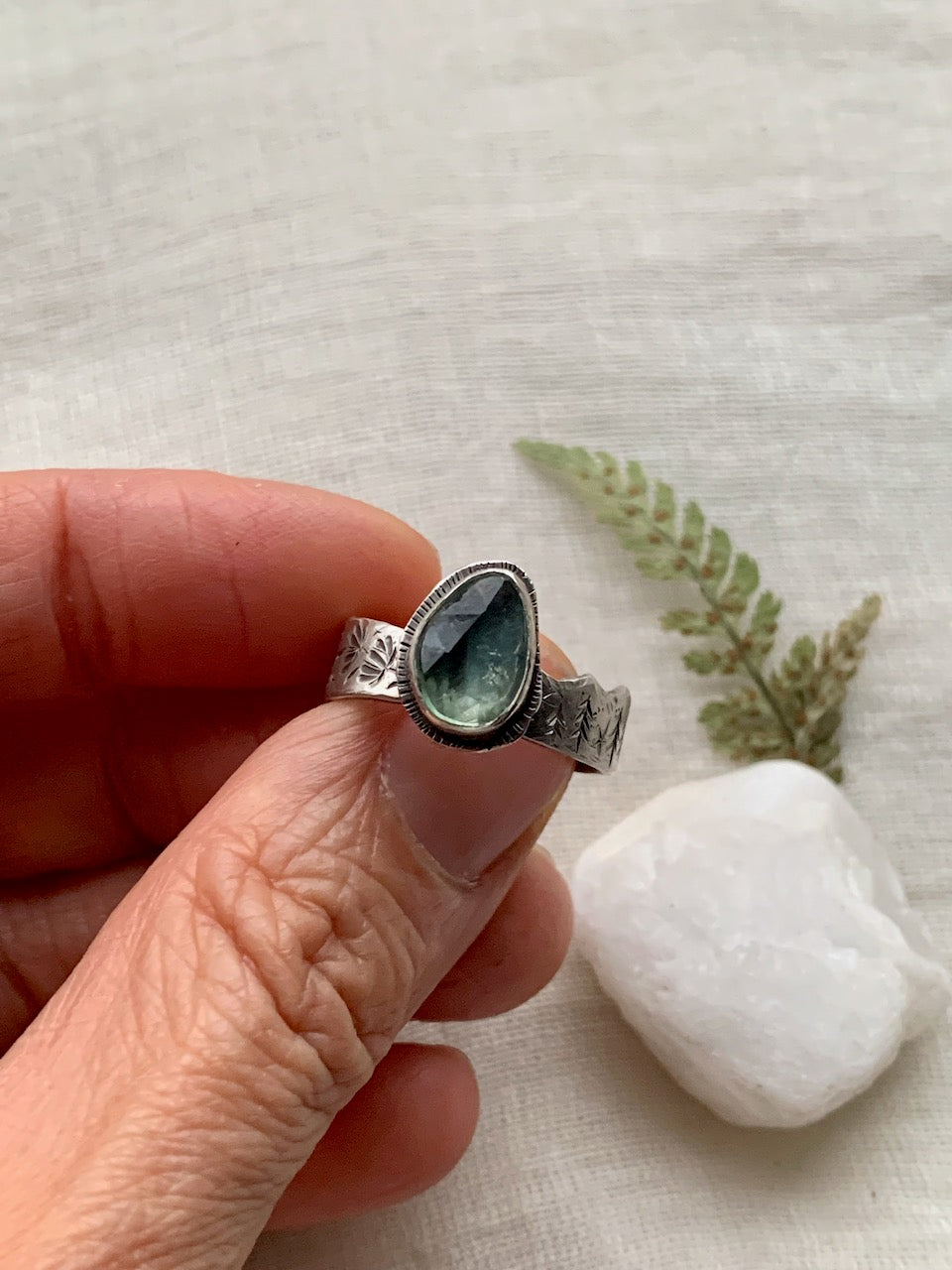 -Green Kyanite Ring- West Coast Nature Scene