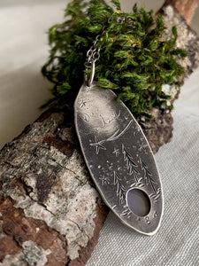 night time forest scene  silver necklace 